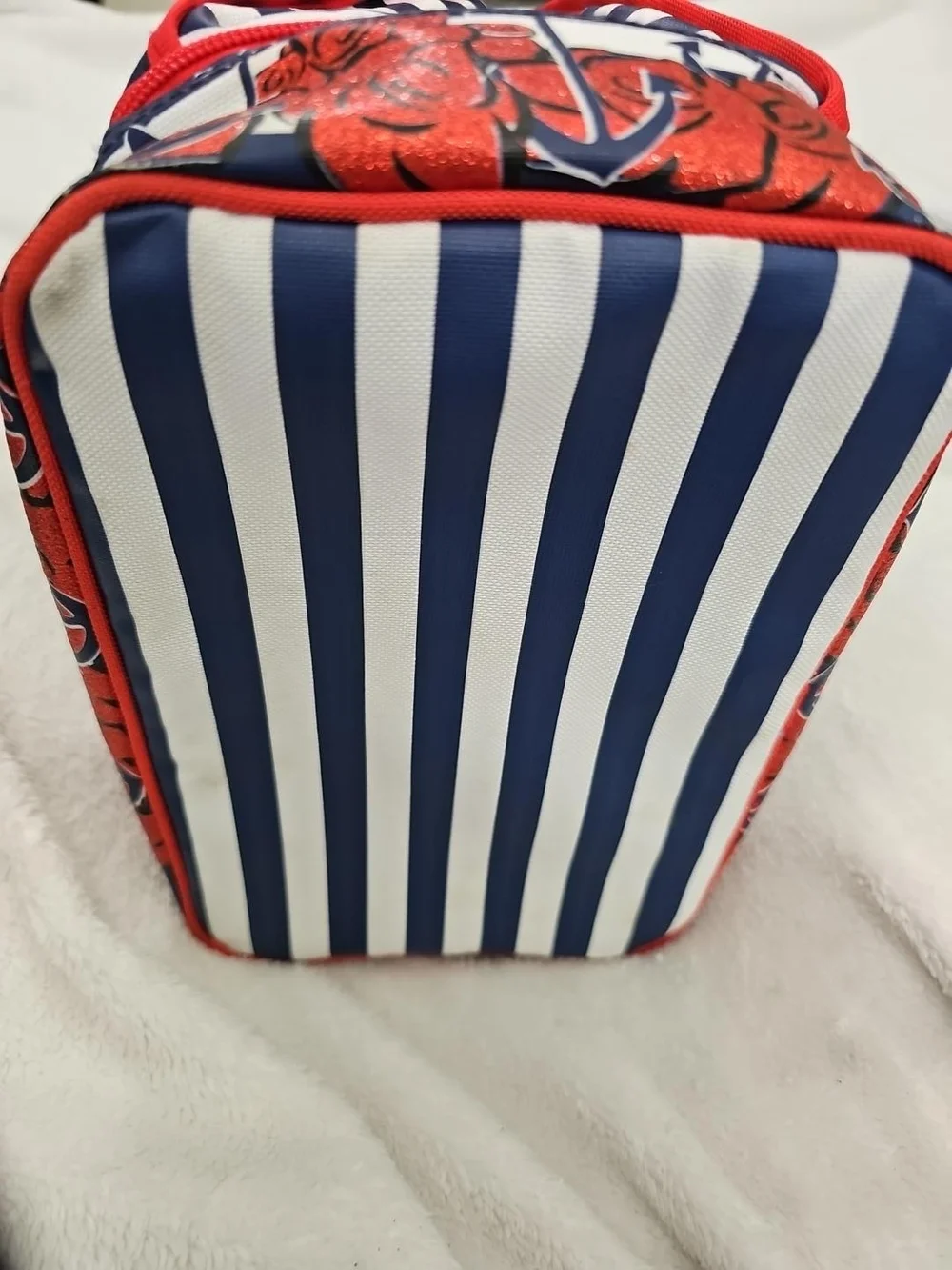 Loungefly Disney Tinker Bell Nautical Lunch Tote Bag Red Glitter Roses Stripes